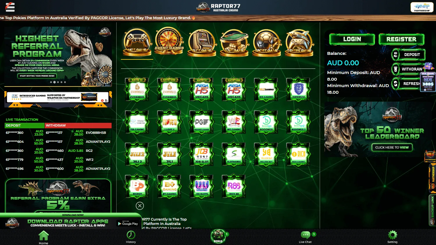 Raptor 77 Casino promotions view on desktop
