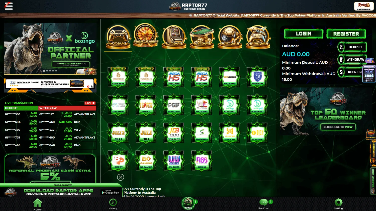 Raptor 77 Casino home view on desktop