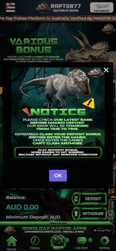 Raptor 77 Casino home view on mobile