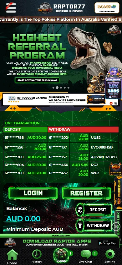 Raptor 77 Casino promotions view on mobile